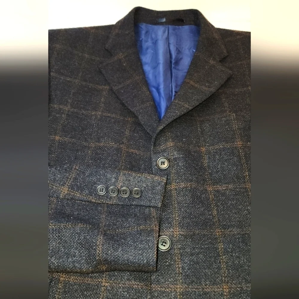 Daniel Hechter Paris 40L Navy Blue Plaid Wool Cashmere Blazer Jacket (5JJ04)